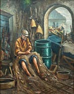 Tobia Scoppa (XX) - Pescatore con le nasse, Antiek en Kunst, Kunst | Schilderijen | Klassiek