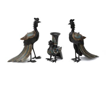 Drie bronzen cloisonné vogels, China, 19e eeuw, Antiek en Kunst