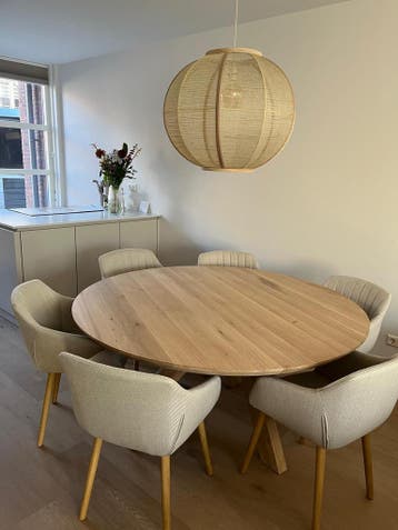 Eettafel massief eiken Rond op voorraad!, Nieuw, Vijf personen of meer, 100 tot 150 cm, 100 tot 150 cm