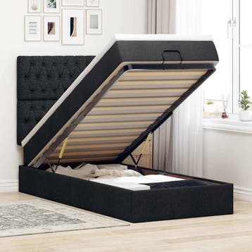 vidaXL Ottoman bed met matras en LEDs 90x190cm stof zwart, 90 cm, Eenpersoons, Verzenden, Zwart
