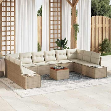 vidaXL Tuin Sofa Set 11 st Beige en wit, Verzenden, Nieuw, Rotan, Meer dan 8 zitplaatsen
