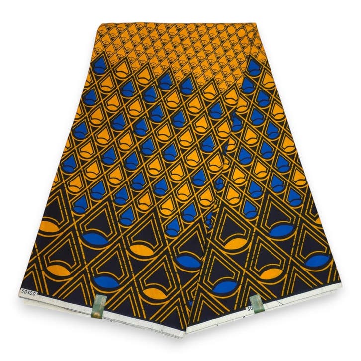 VLISCO stof Hollandais Afrikaanse Wax print - Blauw / Gele B, Hobby en Vrije tijd, Stoffen en Lappen, Nieuw, Ophalen of Verzenden