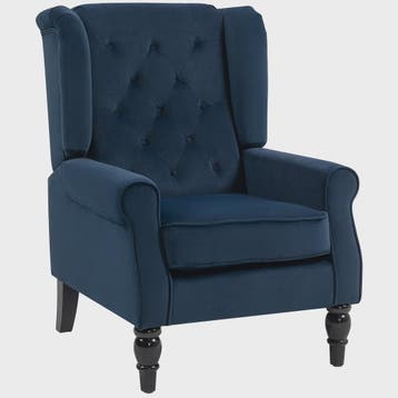 Donkerblauwe gestoffeerde fauteuil met brede zitting en klas, Verzenden, Nieuw