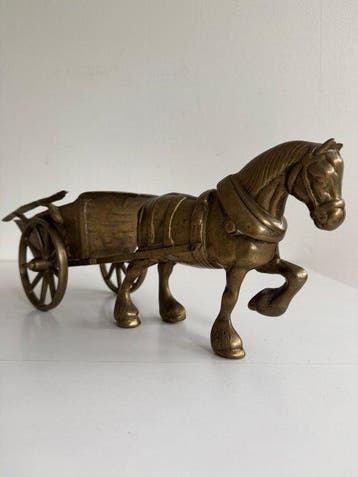sculptuur, Paard en wagen - 13 cm - Messing