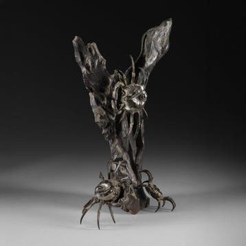 Okimono-ensemble van drie krabben op drijfhout - Hout, Brons, Antiek en Kunst