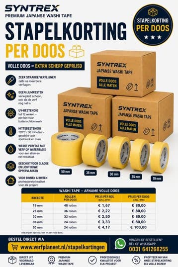 Syntrex Premium Japanse Washi Tape 24 rol 50 meter - 50 m..., Ophalen of Verzenden, Nieuw, Overige kleuren, Verf