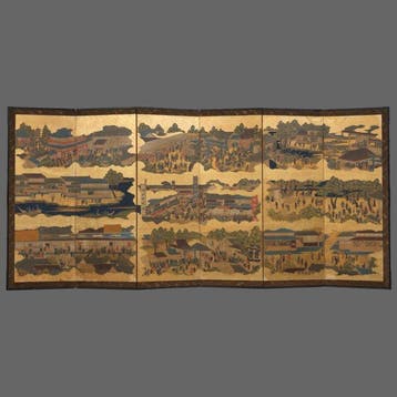 Byôbu  (vouwscherm) - Bladgoud, gelakt hout, zijde - Japan