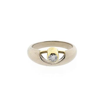Bicolor gouden solitairring met diamant; 14 karaat; diama..., Sieraden, Tassen en Uiterlijk, Gebruikt, Ophalen of Verzenden, 17 tot 18