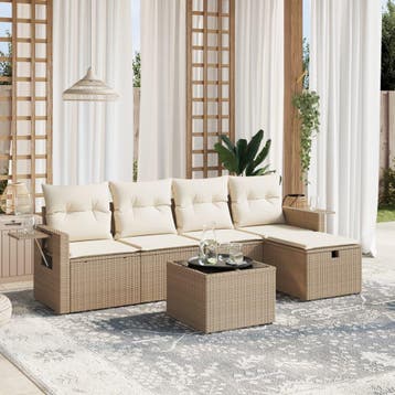 vidaXL 6-delige Loungeset met kussens poly rattan beige, Tuin en Terras, Verzenden, Nieuw, 6 zitplaatsen, Loungeset