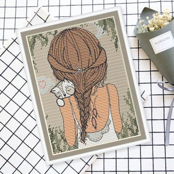 Meisje Dochter Kat Borduurset 14CT op Bruin Borduurstof RW39, Verzenden, Nieuw