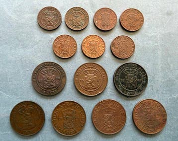 Nederlands-Indië. 1856-1937: lot van 7 x cent en 7 x 1 cent, Postzegels en Munten, Munten | Nederland