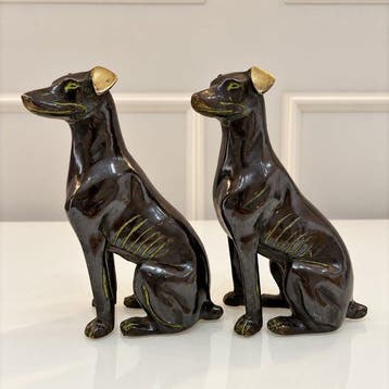 Beeldje, Pair of Vintage Patinated Bronze Dog Sculptures -