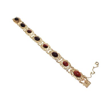 Vintage gouden bootjes armband met granaat (Schakelarmband), Gebruikt, Ophalen of Verzenden, Met edelsteen, Goud