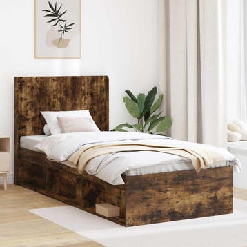 vidaXL Bedframe met opbergruimte en hoofdbord Gerookt eiken, Verzenden, Nieuw, Bruin, Hout