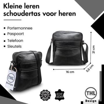 Kleine leren schoudertas heren zwart., Overige merken, Verzenden, Zwart, Nieuw