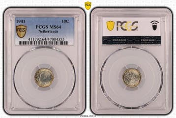 Koningin Wilhelmina 10 cent 1941 MS64 PCGS gecertificeerd, Verzenden, Zilver, 10 cent, Koningin Wilhelmina