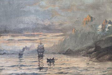 Julius Monien (1842-1897) - Ships in a Fjord at Sunset