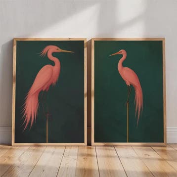 Japandi Poster Set: Roze Japanse Kraanvogels & Blauwe Reiger