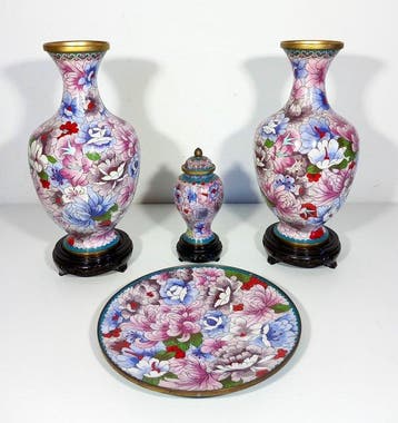 Vaas (4) - Klassieke cloisonné vazen - 36 cm - Messing,, Antiek en Kunst
