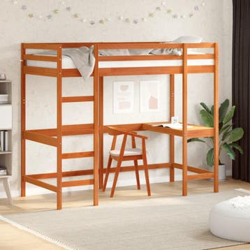 vidaXL Hoogslaper met bureau massief grenenhout wasbruin, 90 cm, Eenpersoons, Bruin, Verzenden