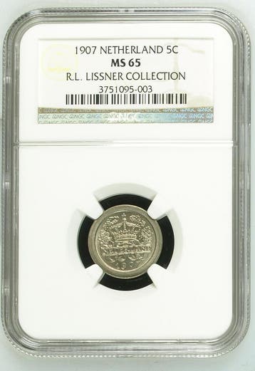 Koningin Wilhelmina 5 cent 1907 MS65 R.L. LISSNER COLLECTION, Verzenden, Koningin Wilhelmina, 5 cent, Losse munt