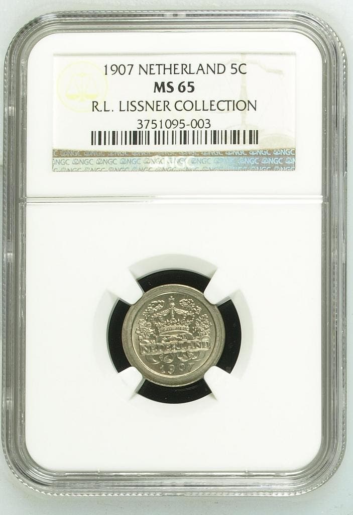 Koningin Wilhelmina 5 cent 1907 MS65 R.L. LISSNER COLLECTION, Postzegels en Munten, Munten | Nederland, Losse munt, 5 cent, Koningin Wilhelmina