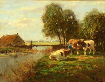 H. van Gessel(XX), - Koeien in de Melkbocht., Antiek en Kunst