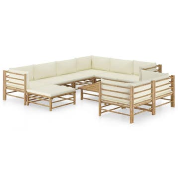 vidaXL 10-delige Loungeset met crèmewitte kussens bamboe, Verzenden, Nieuw, Hout, Loungeset