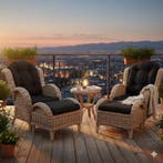 Naturel lounge balkonset 2-delig naturel rotan zwart, Ophalen of Verzenden, Nieuw