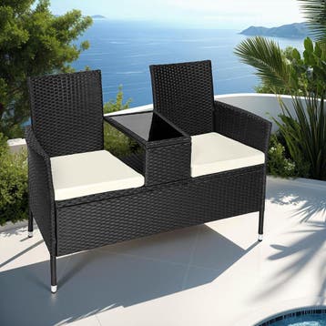 Wicker tuinbank met tafel - zwart/beige, Verzenden, Nieuw