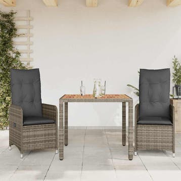 vidaXL 3-delige Bistroset met kussens poly rattan grijs, Verzenden, Nieuw, 2 zitplaatsen