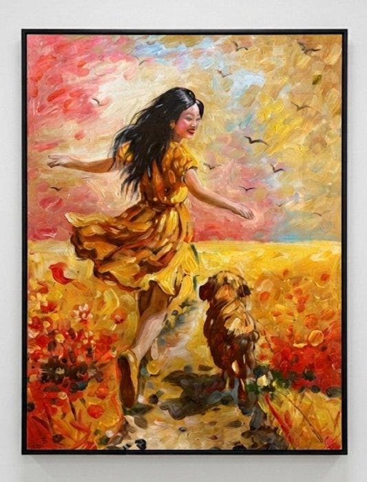 Nguyn V.L (1993) - La danse sous le ciel de lin 80 60 cm, Antiek en Kunst, Kunst | Schilderijen | Modern