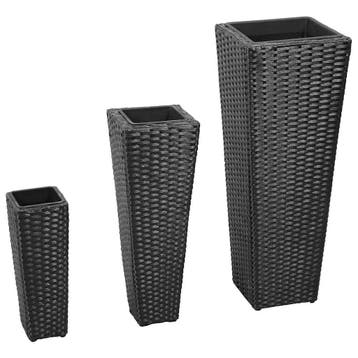 vidaXL Plantenbakken verhoogd 3 st poly rattan zwart, Verzenden, Nieuw, Minder dan 60 cm, 60 cm of meer