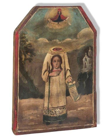Beschilderde votieve plaat - heilige cefalofoor - 25 x 36 cm