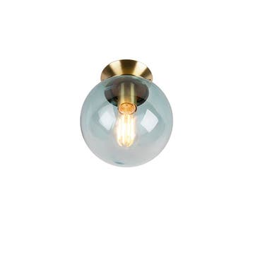 Art Deco plafondlamp messing met blauw glas - Pallon, Verzenden, Nieuw, Glas, Art Deco