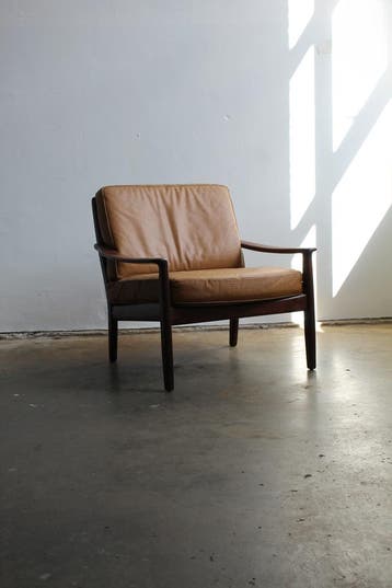 Mid century fauteuil, easy chair leer, Gebruikt, Mid century modern, 75 tot 100 cm, 75 tot 100 cm