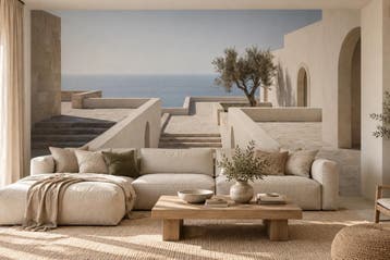 Fotobehang zeezicht – mediterraan terras behang, Verzenden, Fotobehang