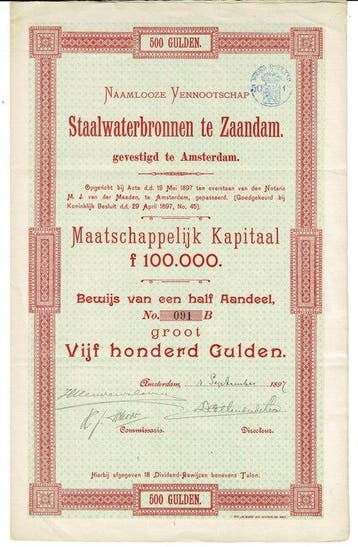 Nederland. 1897 - Staalwaterbronnen te Zaandam -half aandeel