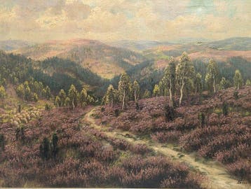 Duitse school (XX) - Heidelandschaft mit Schäfer und Herde
