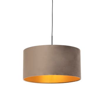 Hanglamp met velours kap taupe met goud 50 cm - Combi, Verzenden, Nieuw, Country-rustic