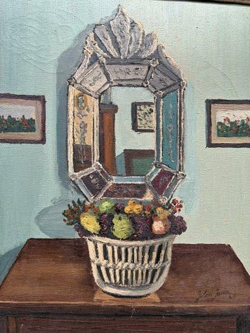 Juliette Juvin (1891-1978) - Corbeille de fruits et miroir, Antiek en Kunst