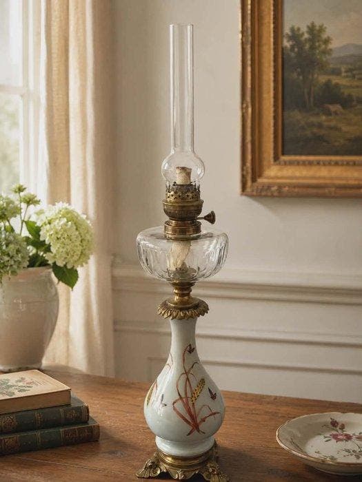 Lamp - Messing, Glas, Aardewerk - kerosinelamp, Antiek en Kunst, Curiosa en Brocante