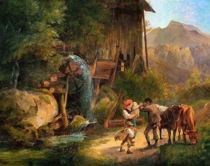 Josef Heicke (1811-1861) - Familiair Alpen Tafereel - NO, Antiek en Kunst, Kunst | Schilderijen | Klassiek