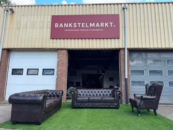 Bankstel CHESTERFIELD 3+3 zit bank+ fauteuil bruin leer, Huis en Inrichting, Design, Zo goed als nieuw, Rechte bank, Leer