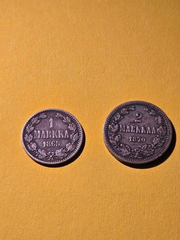 Finland. Set of 2 coins: 1 & 2 Markkaa 1865/1870 (Zonder, Gestempeld