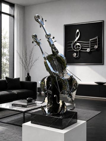 sculptuur, verzilverde metalen viool 3 dimensionaal handmade