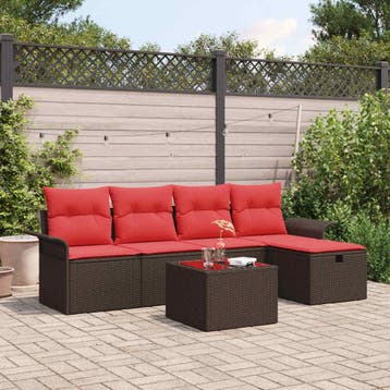 vidaXL Tuin Sofa Set met kussen 6 pcs Bruin en Rood poly, Verzenden, Nieuw, Rotan, 6 zitplaatsen