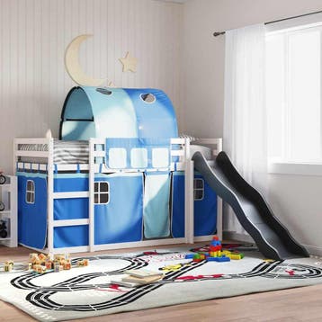 vidaXL Stapelbed met glijbaan en gordijnen blauw 90x200 cm, 90 cm, Eenpersoons, Nieuw, 200 cm