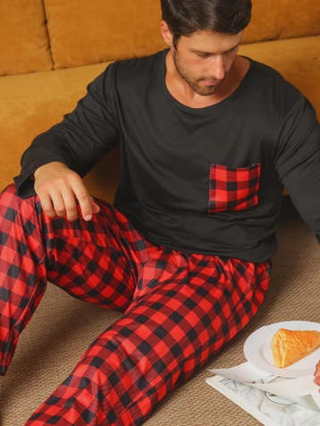 Heren Pyjama Set: Comfortabele Lange Mouwen & Ruitjes Broek, Verzenden, Nieuw