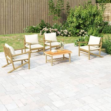 vidaXL 5-delige Loungeset met kussens bamboe crèmewit, Verzenden, Nieuw, Hout, Loungeset